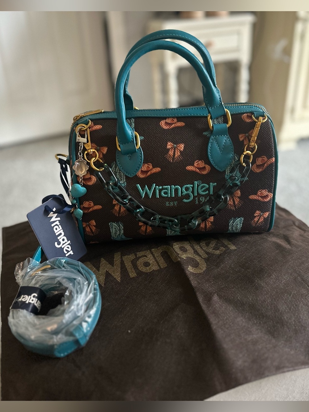 Wrangler Teal and Brown Printed Dome Satchel with Gold Hardware